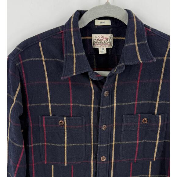 J Crew Mens Mid Weight Flannel Shirt Size Medium Navy Blue Red Plaid Button Up - Picture 2 of 5